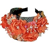 Florate Big Wide Chunky Flower Headbands for Women Fashion Floral Crystal Bead Stone Rhinestone Decorative Embroidered Girls Hairbands (wide orange)