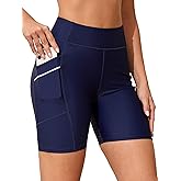 ATTRACO Women's High Waisted Swim Shorts with Pockets Bathing Suit Bottoms Long Board Shorts Plus Size