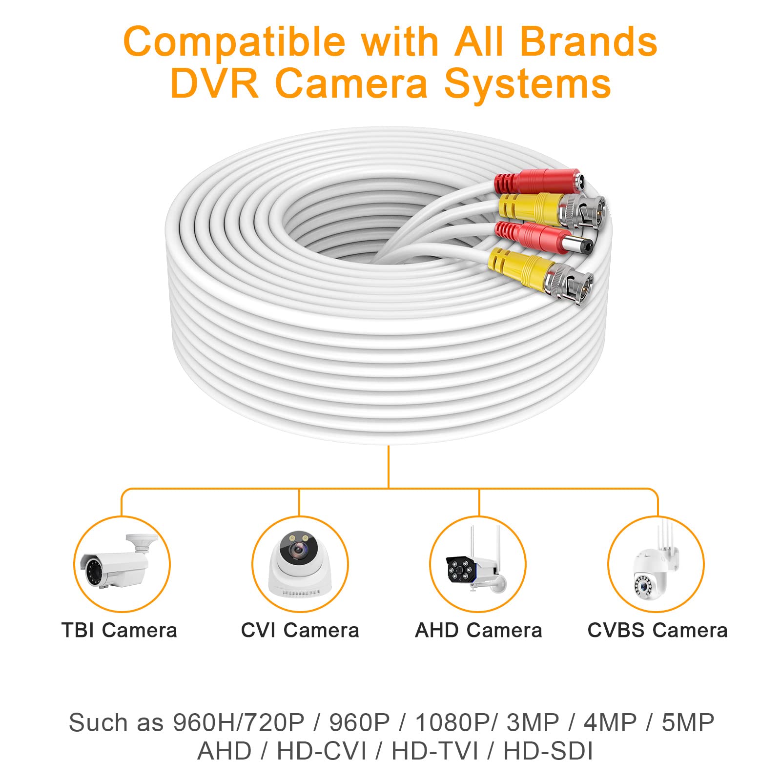 Bnc Cable 200ft All-in-One Siamese BNC Video and Power Security Camera Cable BNC Extension Wire Cord with 2 Female Connectors for All Max 5MP HD CCTV DVR Surveillance System (200ft Cable, White)