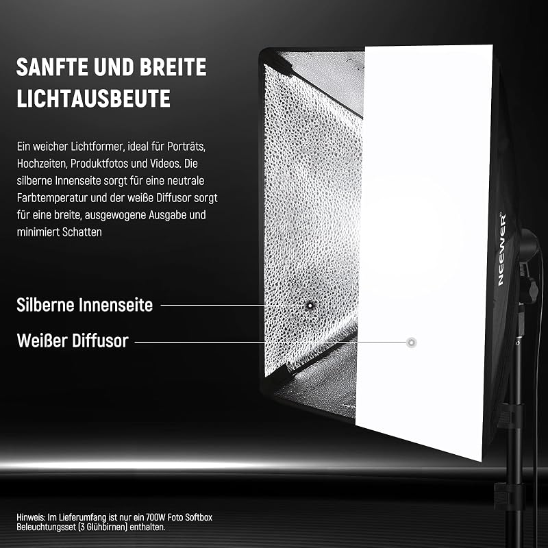 Softbox Beleuchtungsset, äquivalent zu 700W, 3er Pack CE & UKCA zertifizierte 5700K LED Glühbirnen, 24x24 Zoll Softboxen mit E27 Fassung, Fotografie Dauerlichtset, Fotostudio Ausrüstung