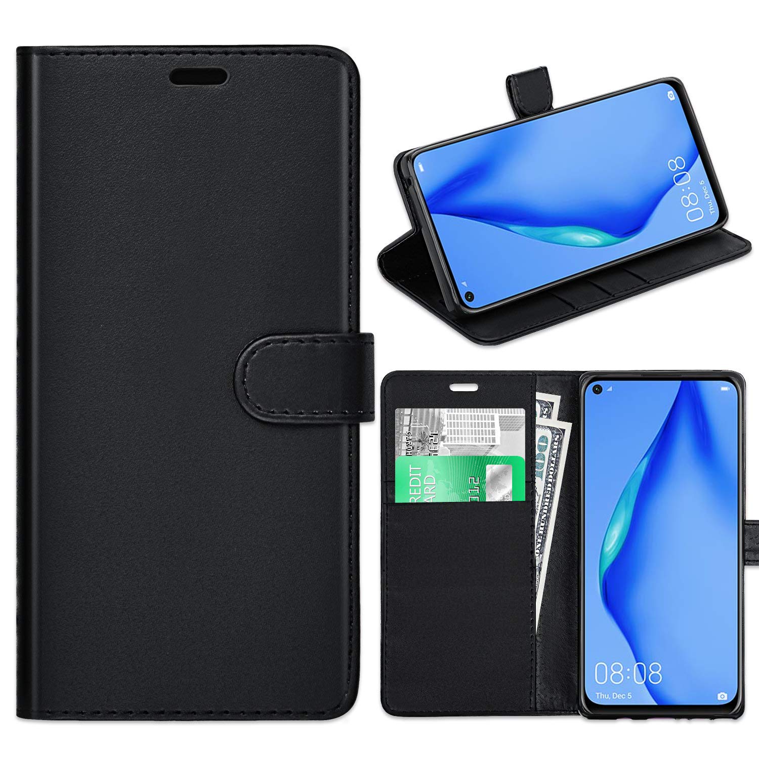 Huawei P40 Lite Case, Huawei P40 Lite Leather Case, Huawei P40 Lite Book Flip Leather Wallet Cover with Card Slots for Huawei P40 Lite [Compatible with HUAWEI P40 LITE Screen Protector] (BLACK)