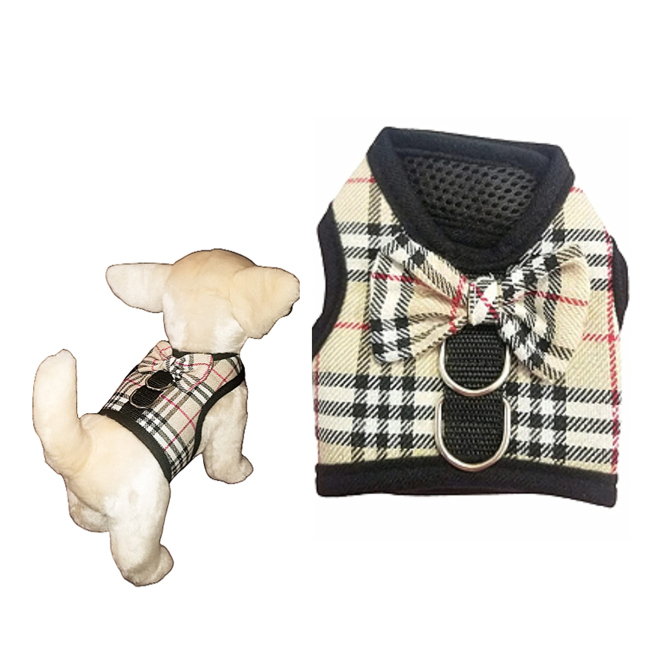 XXXS XXS XS Tiny Teacup Chihuahua Puppy Dog Harness for TINY Teacup Miniature Breeds Kitten Cat Yorkie Maltese Terrior Puppy Dogs (Beige Tartan, Size 2: XXS)