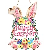 JMHACHY Wooden Bunny Easter Wreath for Front Door Decor - Happy Easter Spring Door Sign Decoration with Cute Hollow Rabbit Design, Hanging Rope, Outdoor Indoor Fireplace Window Wall Hanging Decor