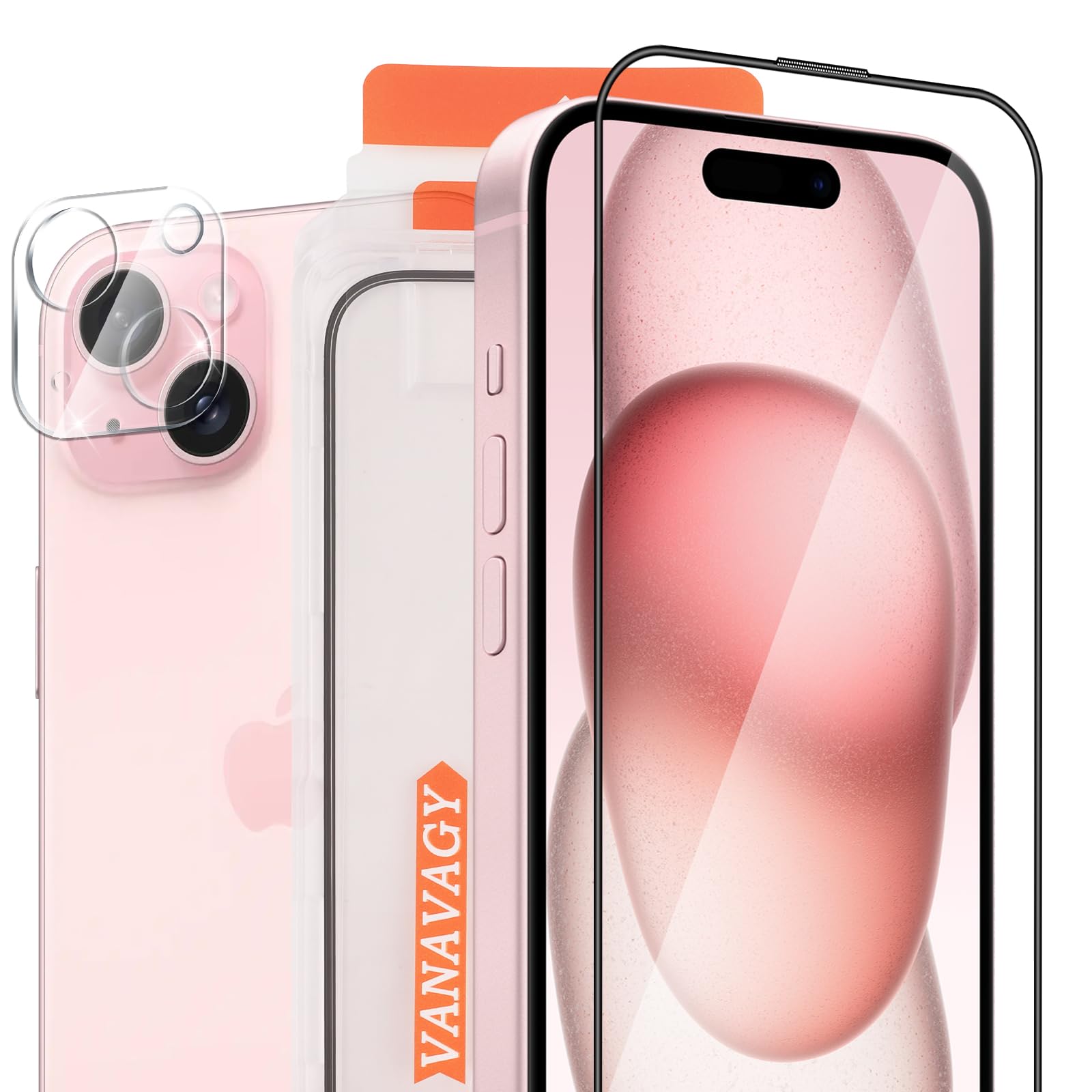 VANAVAGY Glass Screen Protector Compatible for iPhone 15 plus 6.7 inch [2 Pack][Scratch Resistant], Camera Lens Protector included, Film with Frame Full Coverage Case for Easy Installation — image 1