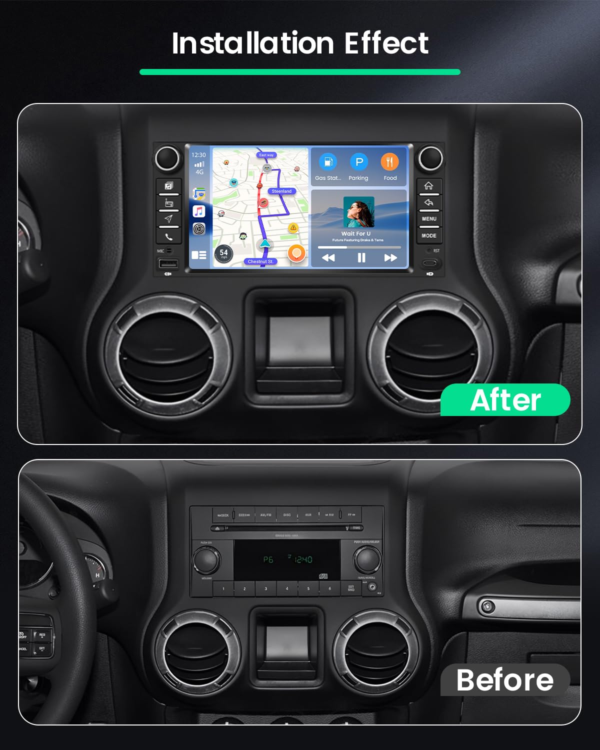 Before and after installation view of the Roinvou car radio in a Jeep Wrangler dashboard.