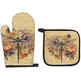 FIicy Vintage Floral Dragonfly Decor Oven Mitts and Pot Holders Sets, Vintage Kitchen Accessories, Rustic Retro Dragonfly Farmhouse Flowers Heat Resistant Oven Glove Potholders for Kitchen Cooking