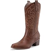 DREAM PAIRS Cowboy Boots for Women Cowgirl Western Boots Fashion Embroidery Stitched Chunky Heel Mid Calf Boots