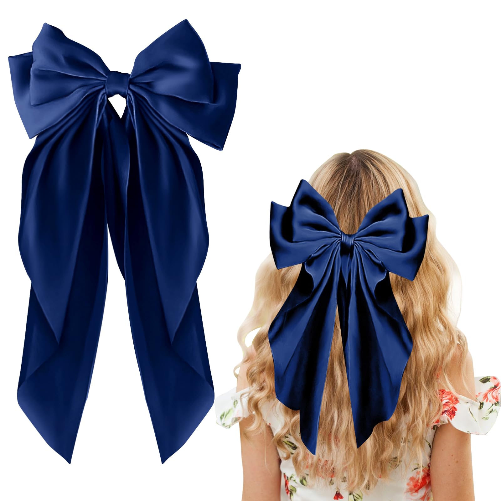 Bow Hair Clips Solid Color Bow Navy Blue French Automatic Hair Clip with Soft Long Silky Satin Tail Large Bows for Simple Women Girls Barrettes Hair Fastener Accessories for Women Girls
