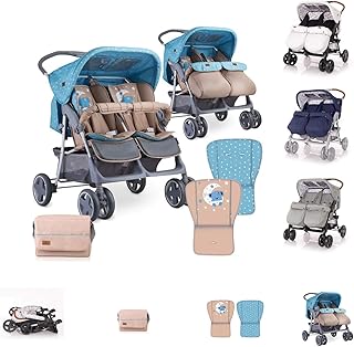 Lorelli Zwillingskinderwagen TWIN Wickeltasche Einhand-Klappsystem Fußabdeckung, Farbe:blau