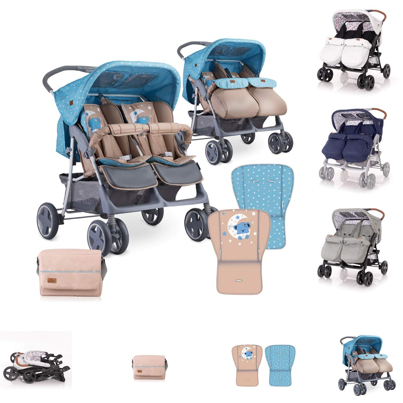 Lorelli Zwillingskinderwagen TWIN Wickeltasche Einhand-Klappsystem Fußabdeckung, Farbe:blau