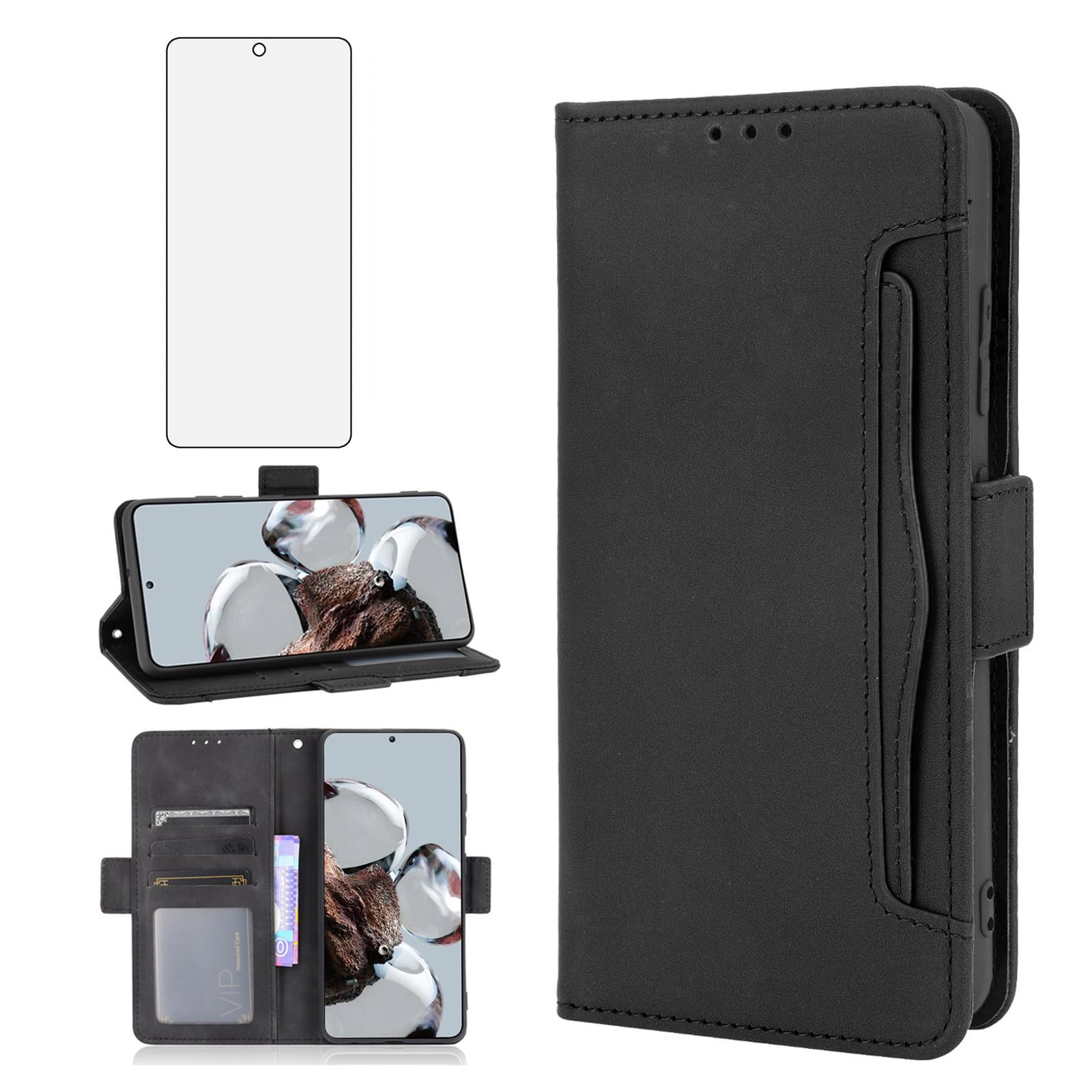 Asuwish Compatible with Xiaomi 12T/12T Pro 5G Wallet Case and Tempered Glass Screen Protector Card Holder Stand Leather Flip Cell Accessories Phone Cover for Mi T12 12TPro Women Men Black