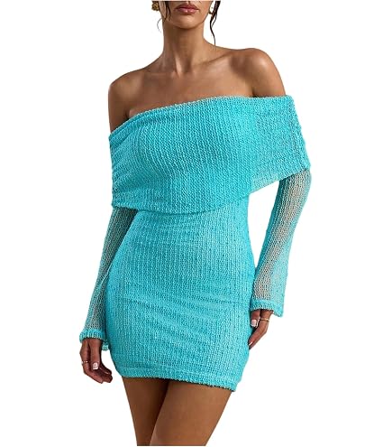 Voghtic Womens Sexy Ruched Bodycon Mini Dresses Off Shoulder Long Sleeve Fray Hem Club Party Dress White : Clothing, Shoes & Jewelry