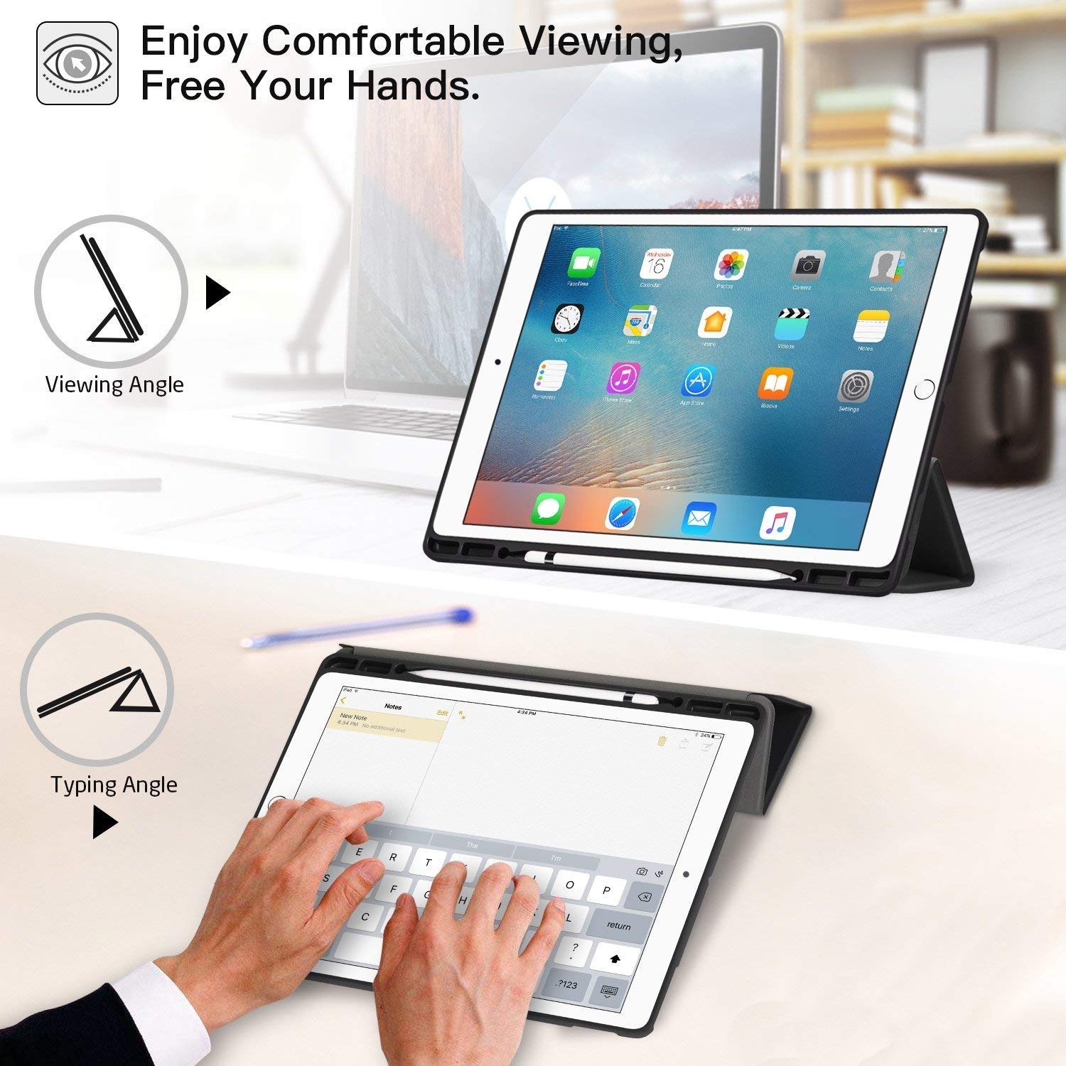 ZtotopCases for iPad Pro 12.9 Inch 2017/2015 (1st & 2nd Generation) with Pencil Holder, Lightweight Soft TPU Back Cover + Auto Sleep/Wake, Slim Tablet, Black