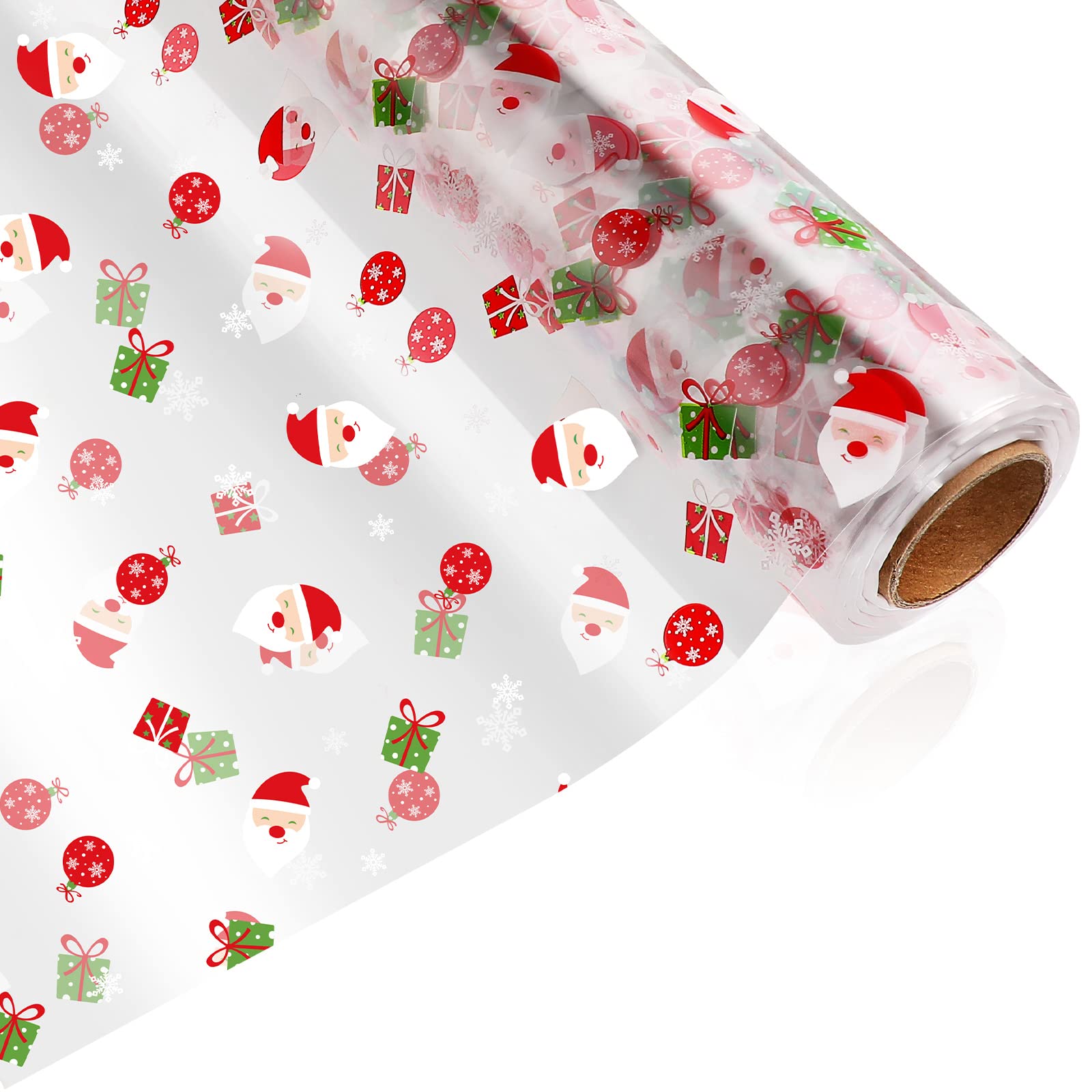 Christmas Cellophane Wrap Roll| 3 Mil Thickness Cellophane Bags Crystal Clear with Santa Claus Pattern Design for Christmas Baskets Arts Crafts Wrap Cellophane Cello Rolls
