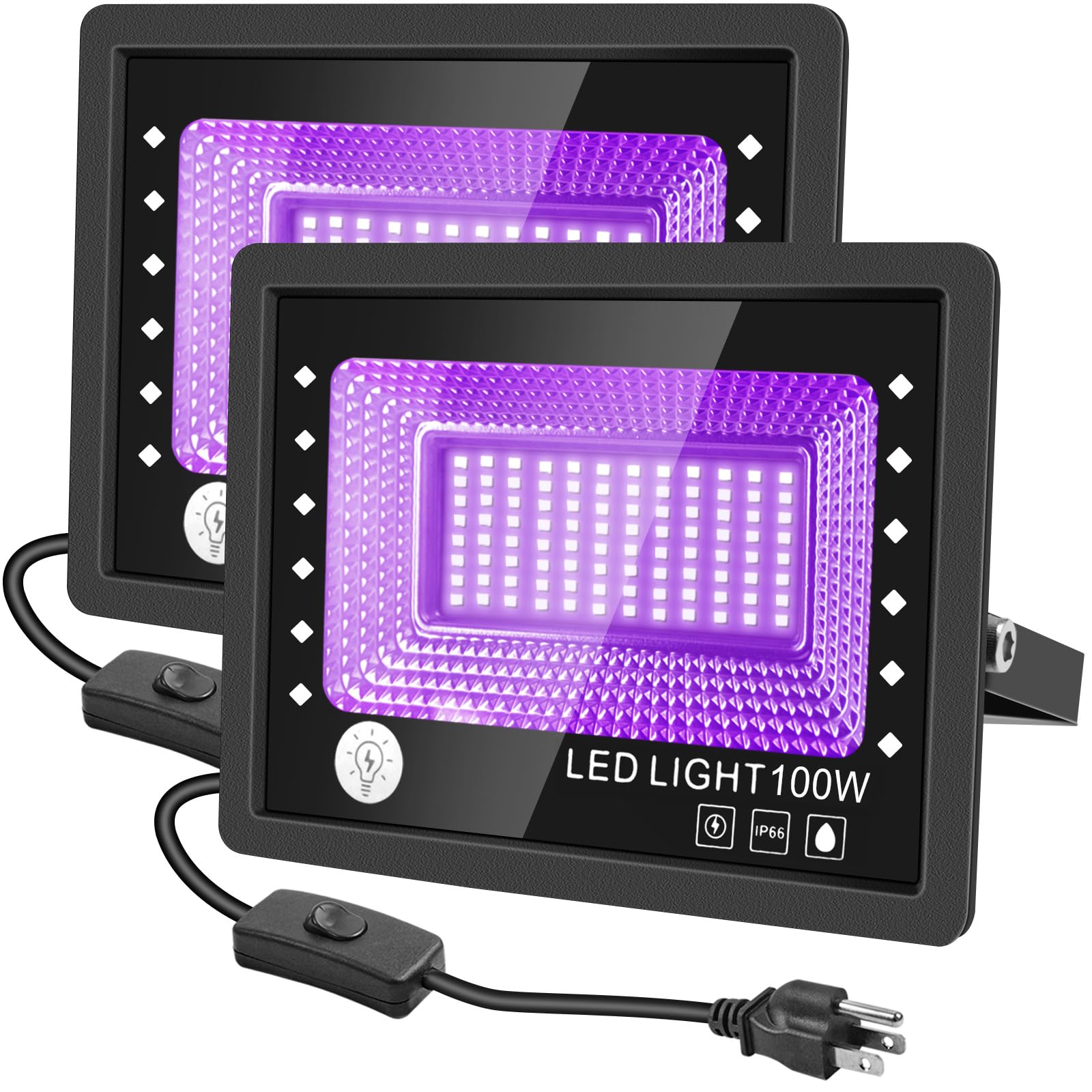 Photo 1 of 2 Pack 100W Black Lights, LED Flood Light with Switch and Plug, IP66 Waterproof Blacklight for Halloween Decoration, Dance Party, Glow in The Dark, Aquarium, Body Paint, Neon Glow, Fluorescent Posters