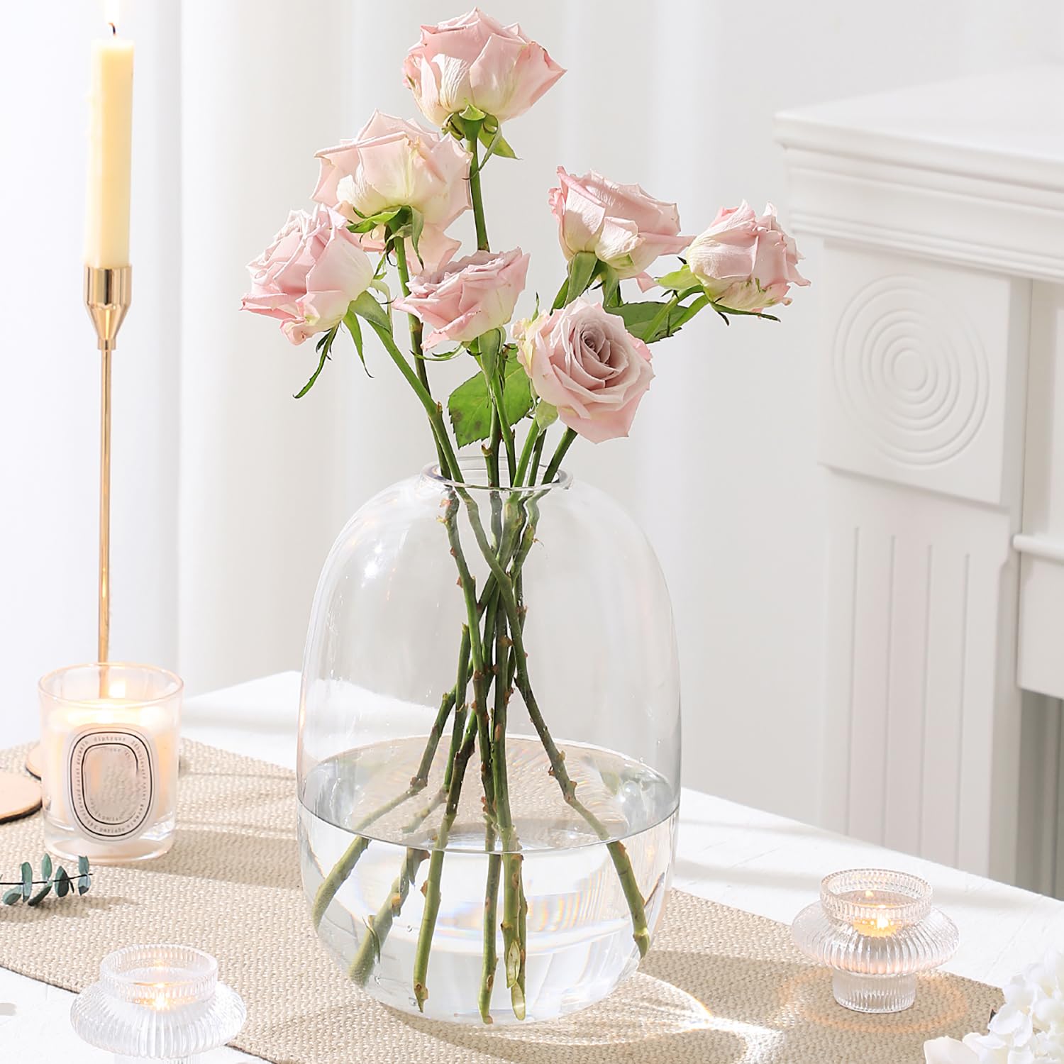 Photo 1 of YANWE1 Large Glass Vase, 10 Inches Tall Glass Vases, Clear Glass Vase for Flower, Modern Round Vases for Living Room, Dining Table, Mantle, Shelf, Wedding, Office, Entryway