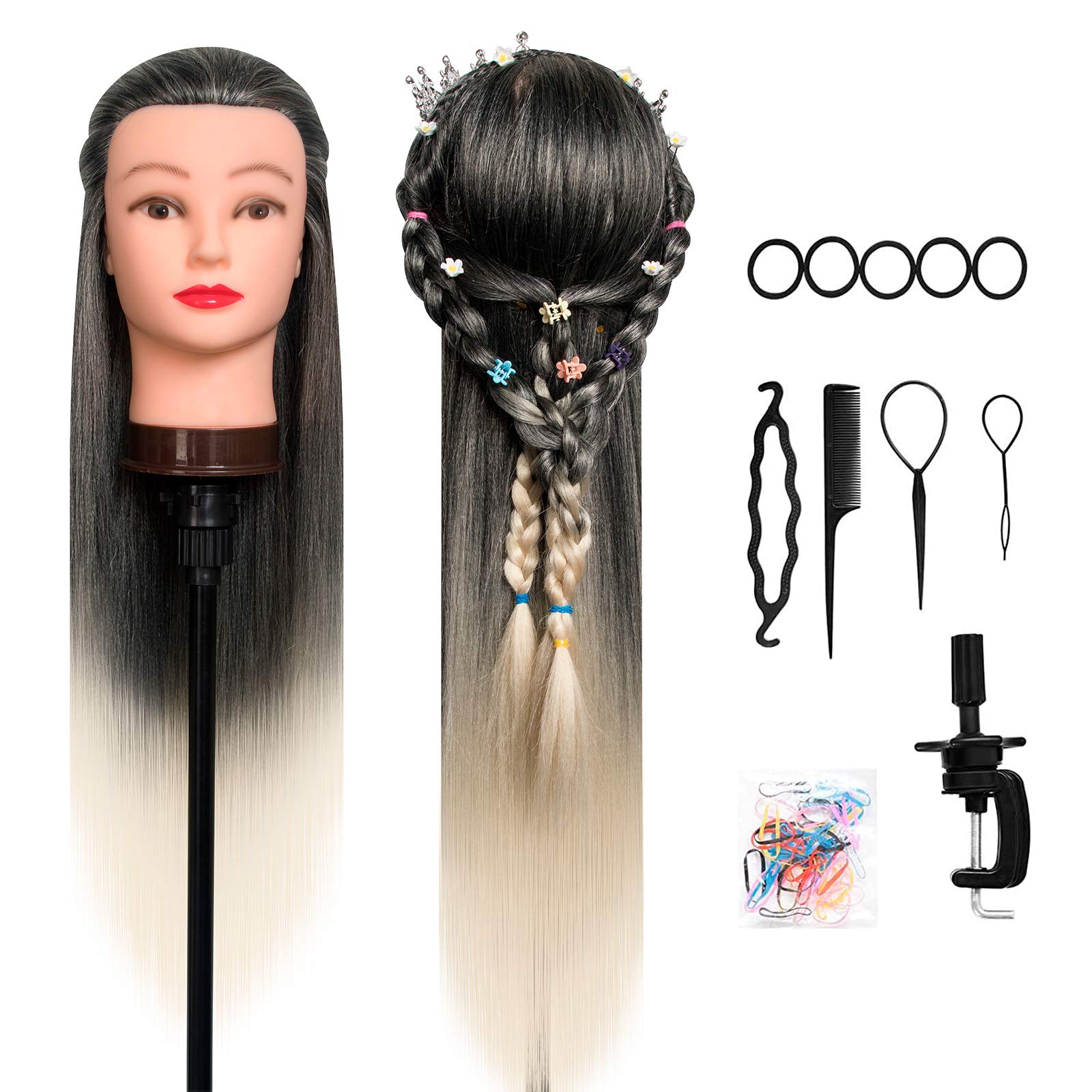 Training Head, DanseeMeibr 26-28 Inch Hairdressing Head 100% Synthetic Fiber Cosmetology Mannequin Head with Free Clamp for Braiding Stying (Ombre Black)