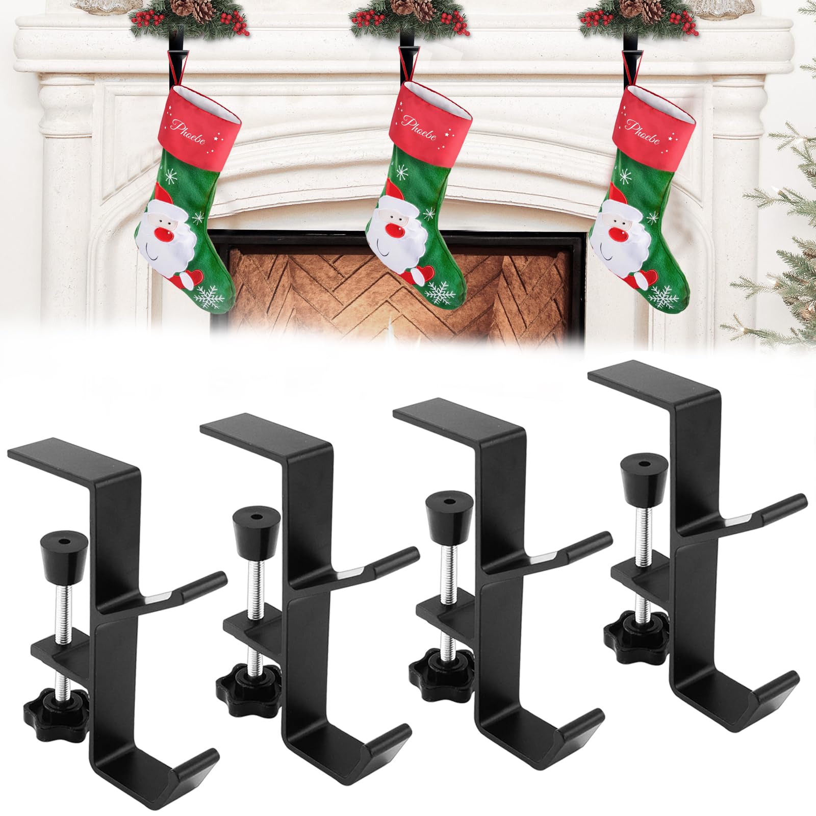 Photo 1 of 2 in 1 Garland Stocking Hangers, Christmas Stocking Hook, Adjustable Fireplace Stocking and Garland Hanger, Heavy Duty Garland and Stocking Holders with 2 Hooks for Christmas Decor (Black, Large4pcs)