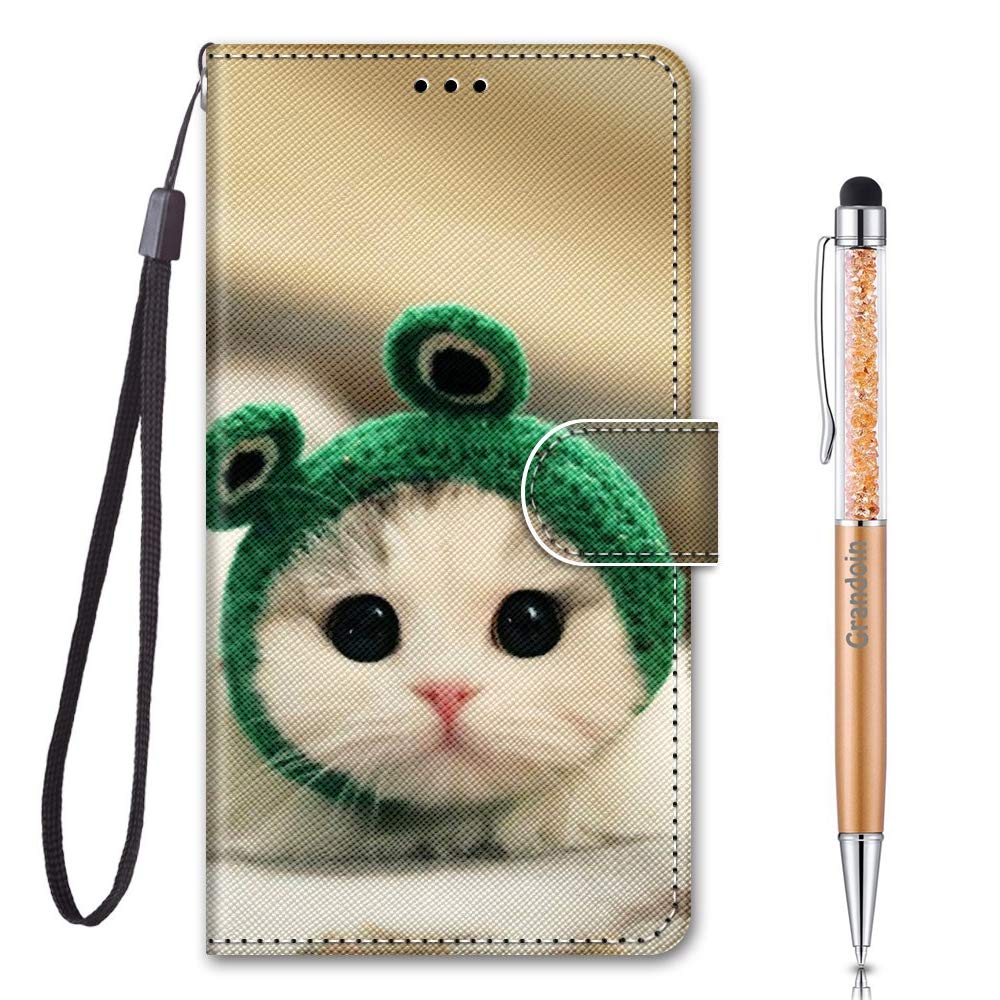Grandoin Compatible with Motorola Moto G9 Play/Moto E7 Plus, PU Leather Flip Cover Wallet Case with Magnetic Closure Stand Card Holder ID Slot Folio Soft TPU Bumper Protective Skin (Frog Cat)