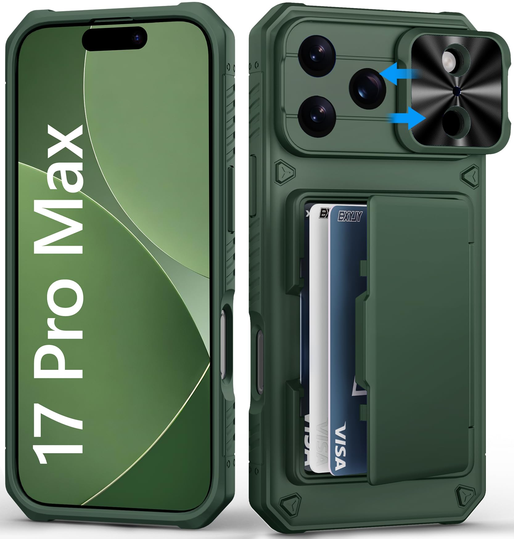 Photo 1 of BXYJY for iPhone 17 Pro Max Wallet Case, Credit Card Holder (4-5 Cards), Slide Lens Cover, Military Drop Protection, Rugged Heavy Duty Women Men Protective Phone Case for iPhone 17Pro Max 6.9", Green