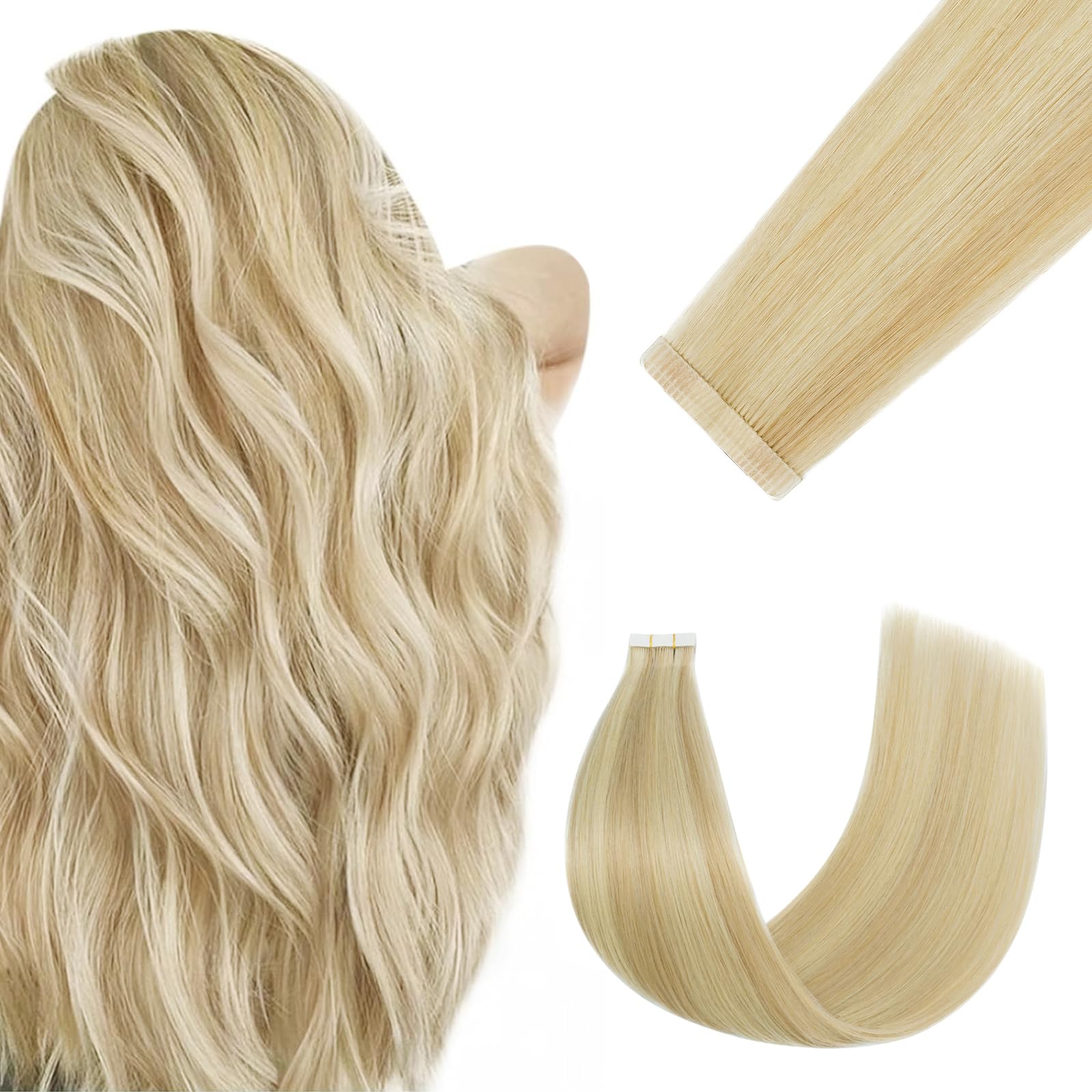 Photo 1 of FUOTONBUTY Tape in Hair Extensions Real Human Hair Double Stitched Invisible Seamless 20pcs 50g (Balayage Caramel Blonde to Bleach Blonde, 14 inch)