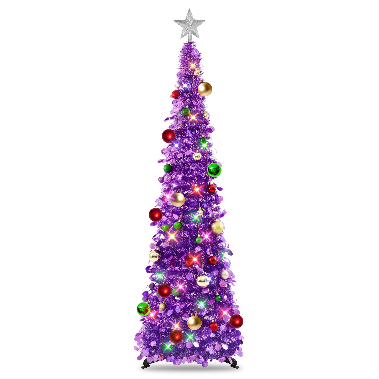 Photo 1 of *MISSING LIGHTS* N&T NIETING Pop Up Christmas Tree with Lights & 30 Balls, Collapsible Tinsel Xmas Tree Decorations, Pencil Christmas Tree Skinny Tree for Holiday Xmas Home Office Decor, 5FT, Dark Purple