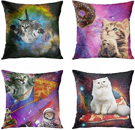 Amazon Com Artsocket Set Of 4 Throw Pillow Covers Green Memes Galaxy Cat Universe Kitten Launch Funny Tabby Purple Space Donut Decorative Pillow Cases Home Decor Square 18x18 Inches Pillowcases Home Kitchen