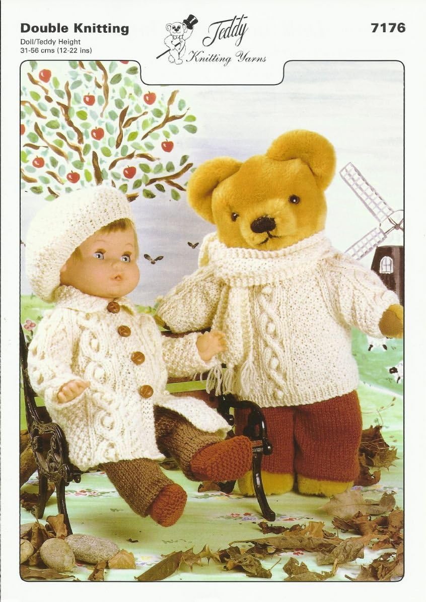 Knitting Pattern for Doll's and Teddy Bear's Sweater, Scarf, Trousers, Cardigan, Socks and Hat. Pattern Number: 7176