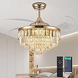 Trssdre 52" Dimmable Gold Fandelier Crystal LED
