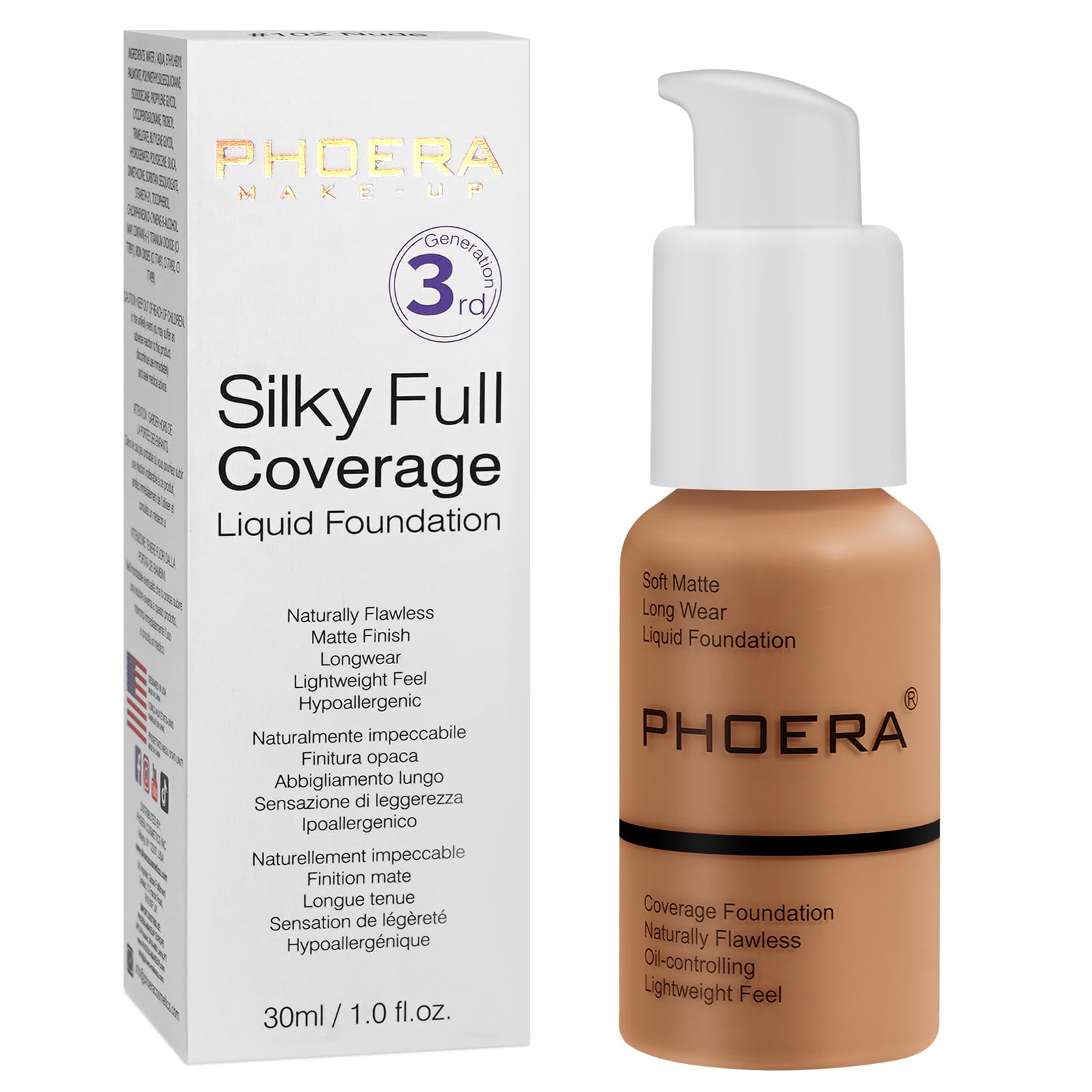 PHOERA Matte Liquid Foundation & Concealer - 2PCS Full Coverage, 30ml 24HR Oil Control (108-Tan) — image 1