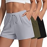 Huukeay 3 Pack Women's Casual Sweat Shorts, High Waist Drawstring Wide Leg Athletic Lounge Shorts with Pockets 2025 Summer