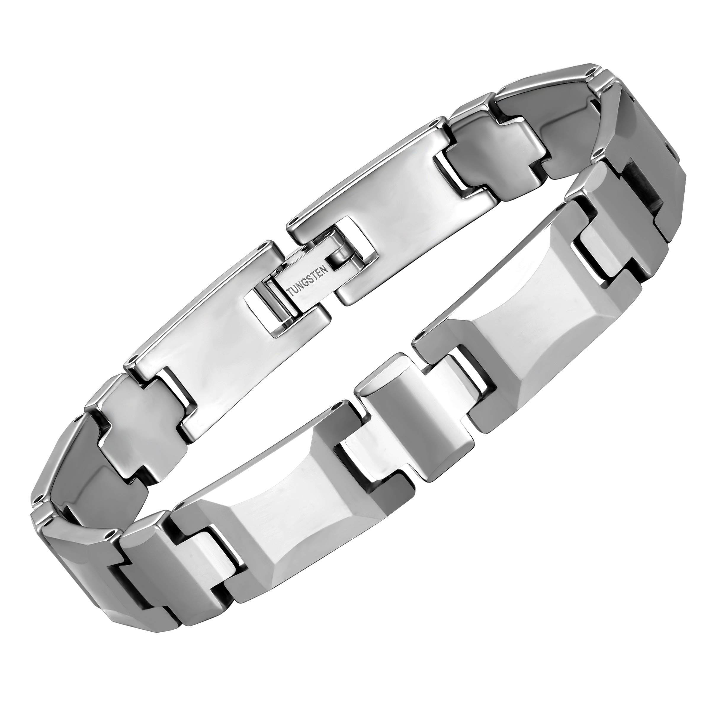 Classy Men’s Bracelet – Interlocking Track Links – Box Chain Rectangular Geometric Design – Polished Silver Color – Scratch & Tarnish Resistant Tungsten – Jewelry Gift or Accessory for Men, Metal, no