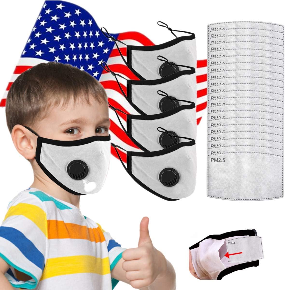 4PCS Children's Seamless Face Bandanas Cotton with Breathing valve, with 20pcs Activated Carbon Filter Sheet Replaceable Filters Haze Dust Face Health (WH 4pcs+20)