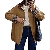Tankaneo Womens Trench Coat Oversized Fall Barn Jacket Leather Collar Plaid Color Block Windproof Overcoat