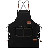 LOYGLIF Chef Aprons for Men Women with Large Pockets, Cotton Canvas Cross Back Adjustable Cooking Kitchen Work Waterproof Bib Apron Black