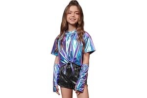 Perfashion Girls Metallic Shirts Shiny Tie Front Knot Crop Top with Arm Sleeves for Dancing Raves Festivals 4-15 Years