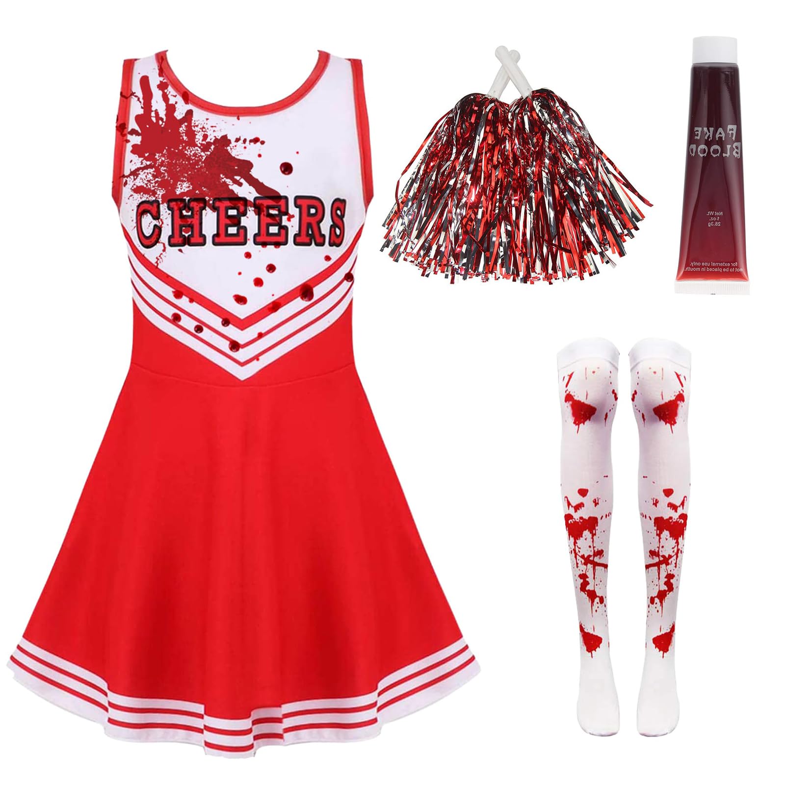 Dead Cheerleader Halloween Costume Kids, Zombie Cheerleader Costume for Girls with Fake Blood, Fancy Dress Outfit Kids for Halloween Parties (red, 7-9 years old) — image 1