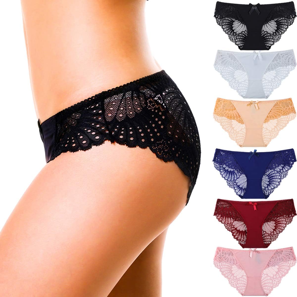 6 Pack Cheeky Underwear for Women,HOKEMP Soft Stretch Briefs Low Rise Lace Bikini Panties