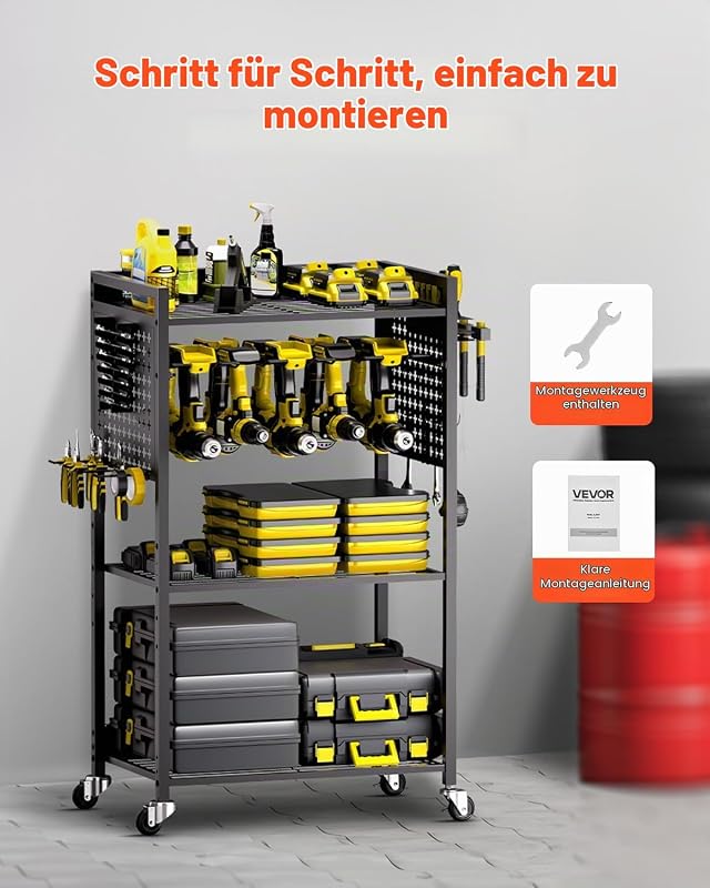 Werkzeugwagen mit 4 Ebenen, Tragkraft 68 kg, Werkstattwagen mit rollbarem Bohrerhalter & stabilem Lagerregal, Montagewagen für die Garage, Werkstatt, Garage, schwarz, 560x350x970 mm