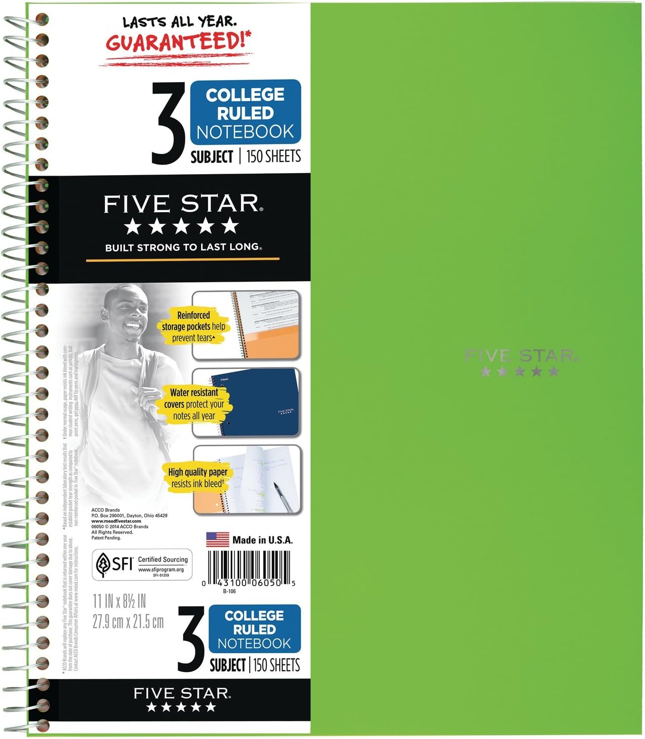 Five Star Spiral Notebooks, 3 Subject, College Ruled Paper, 150 Sheets, 11" x 8-1/2", Gray, Lime, Teal, 3 Pack (73481) : Office Products