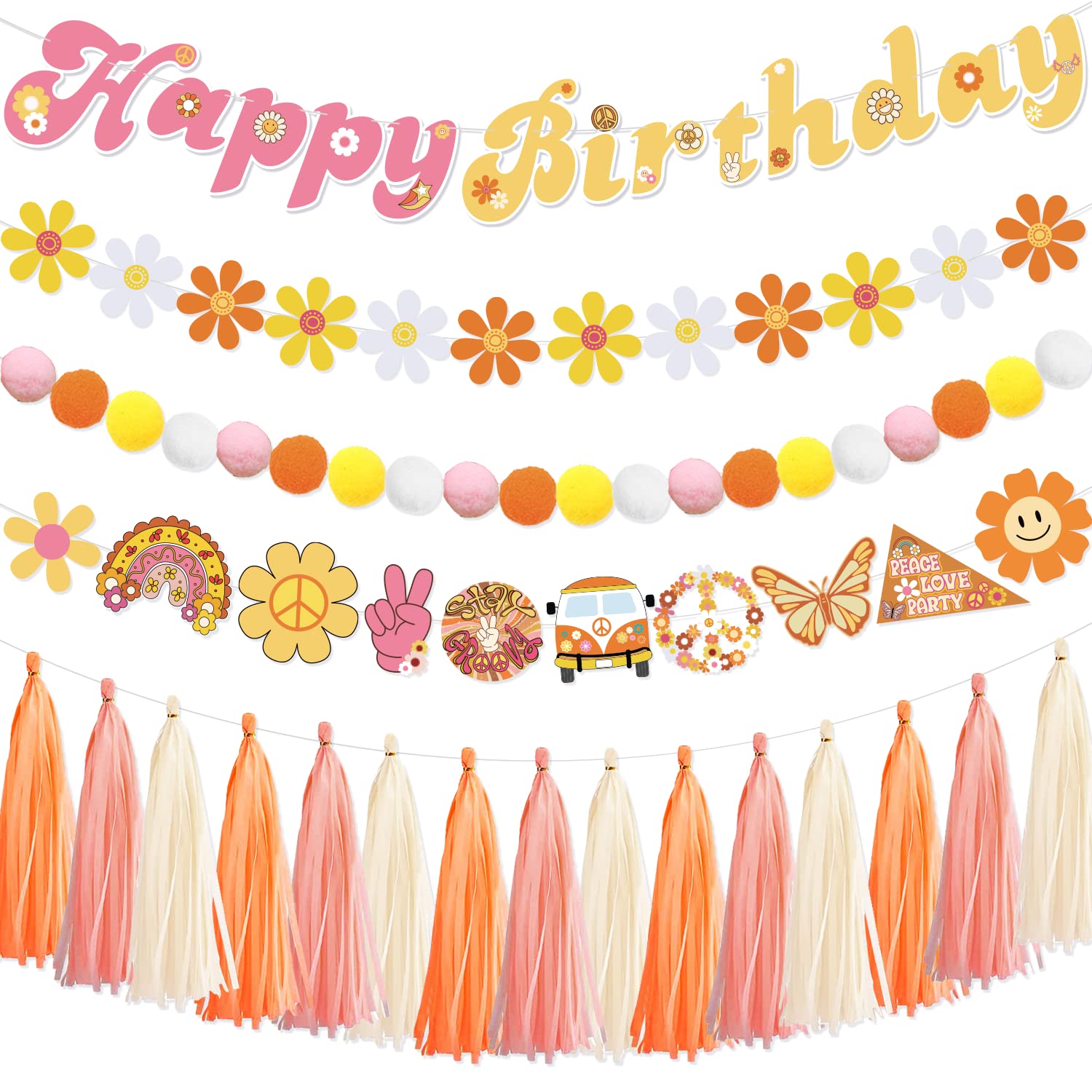 Photo 1 of Daisy Garland for Decoration, Groovy Boho Party Garland Decoration Include Daisy Garland Party Tassel Colorful Pom Pom Banner, Daisy Party Decorations Supplies