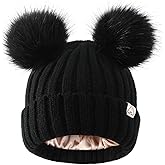 Hat Hut Winter Hats for Women Satin Lined Beanie Hats for Women Knit Ski Hat Winter Cap for Women Pom Pom Beanie
