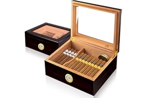 Slege Cigar Humidor, Humidor Cigar Box for Cuban Cigars,Glass-Top Humidor Spanish Cedar-Cigar Case,Humidore Humidifier,Divider,Hygrometer,Men's Gift,Cigar Accessories(30-50 Cigars)
