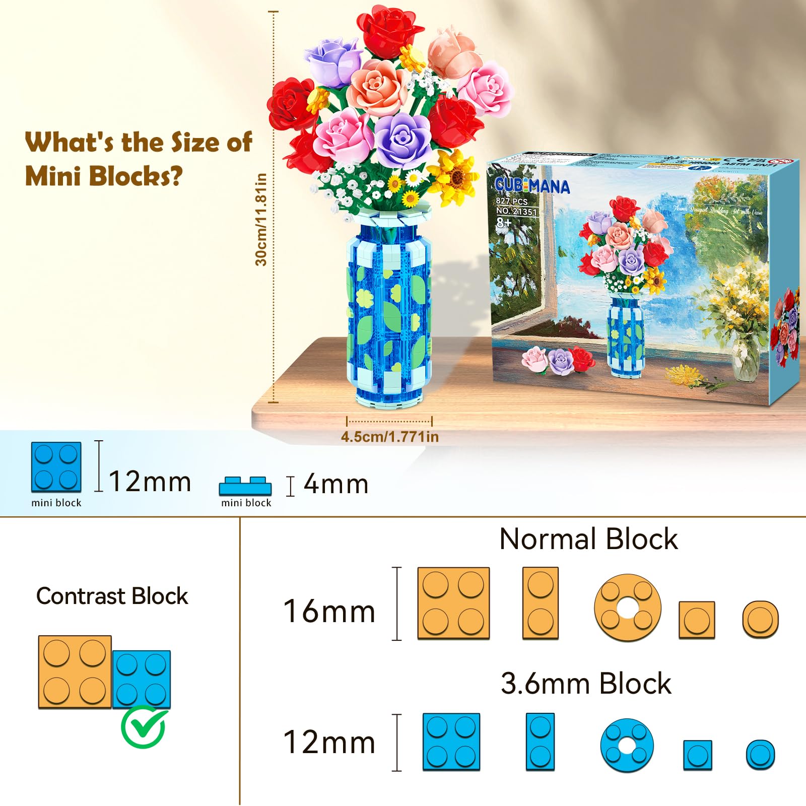 CUBIMANA Rosen-Blumen-Bausatz mit Vase und LED-Licht, 16 Mini-Blumensträuße, botanisches Bausteinspielzeug für Erwachsene, Muttertagsgeschenk, künstliche Blumen als Heimdekoration und Ausstellung 8