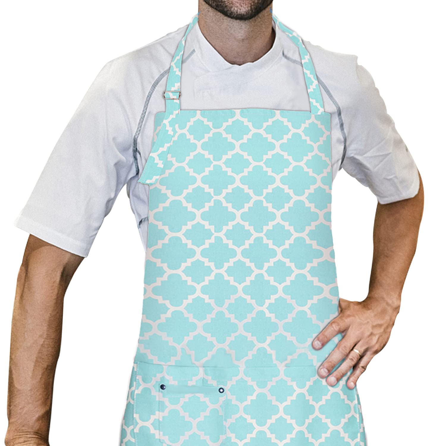 LessMo Cooking Apron, Kitchen Apron with 3 Pockets, BBQ Apron with Adjustable Neck Strap for Home, Restaurant, Craft, Garden, Coffee House, Apron for Men Women, 100% Cotton (GraGREEN)