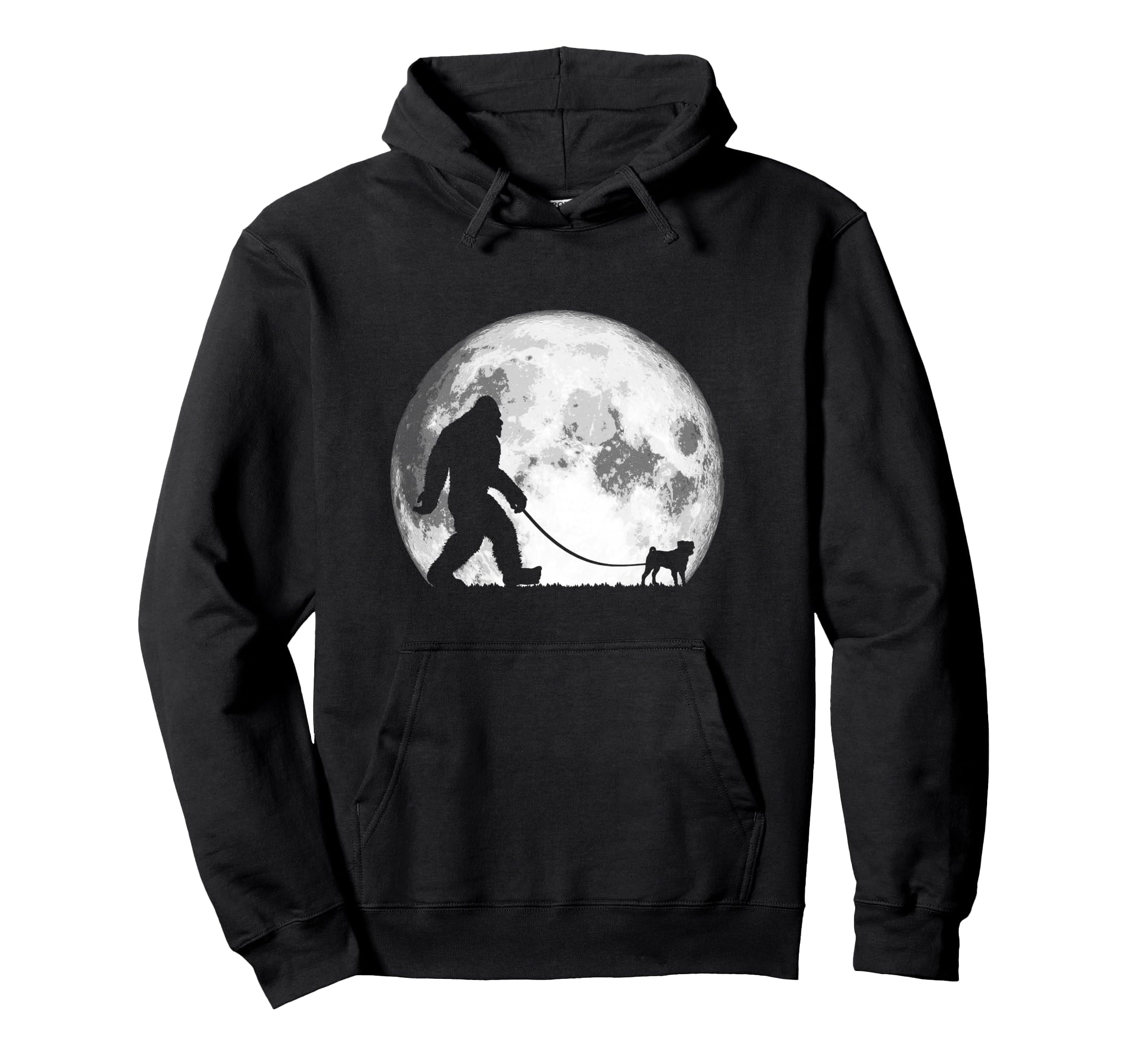 Bigfoot & Pug Funny Night Time Dog Walking Graphic Pullover Hoodie