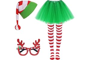 Yookat 4-Piece Christmas Costume Set - Women's Christmas Costume with Hat, Skirt, Socks, Glasses
