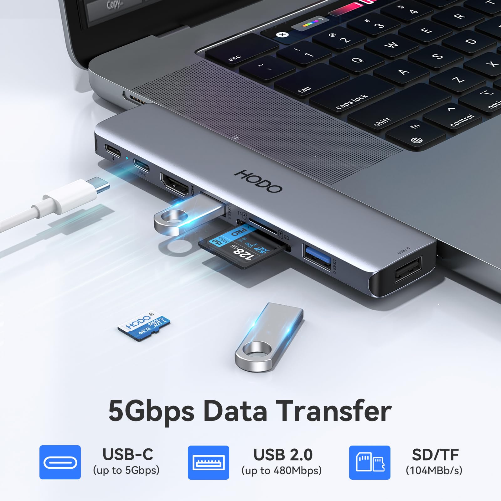 HODO USB C Hub Adapter für MacBook Pro Air, Mac Zubehör 8 in 2 mit 4K HDMI,Thunderbolt 3 Port, USB 3.0/2.0, SD und TF Kartensteckplatz für M3 M2 M1 2024 2023 2022 2021