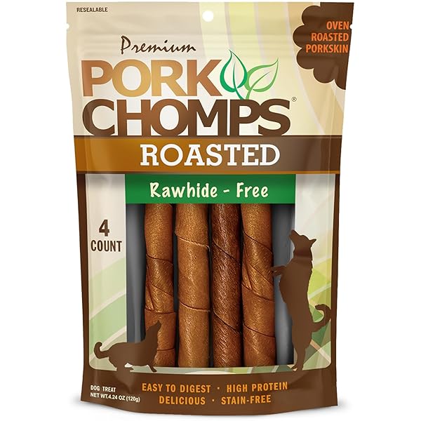 PORK CHOMPS ROASTED PORK SKIN DOG CHEWS, 6-INCH TWISTS, 4 COUNT