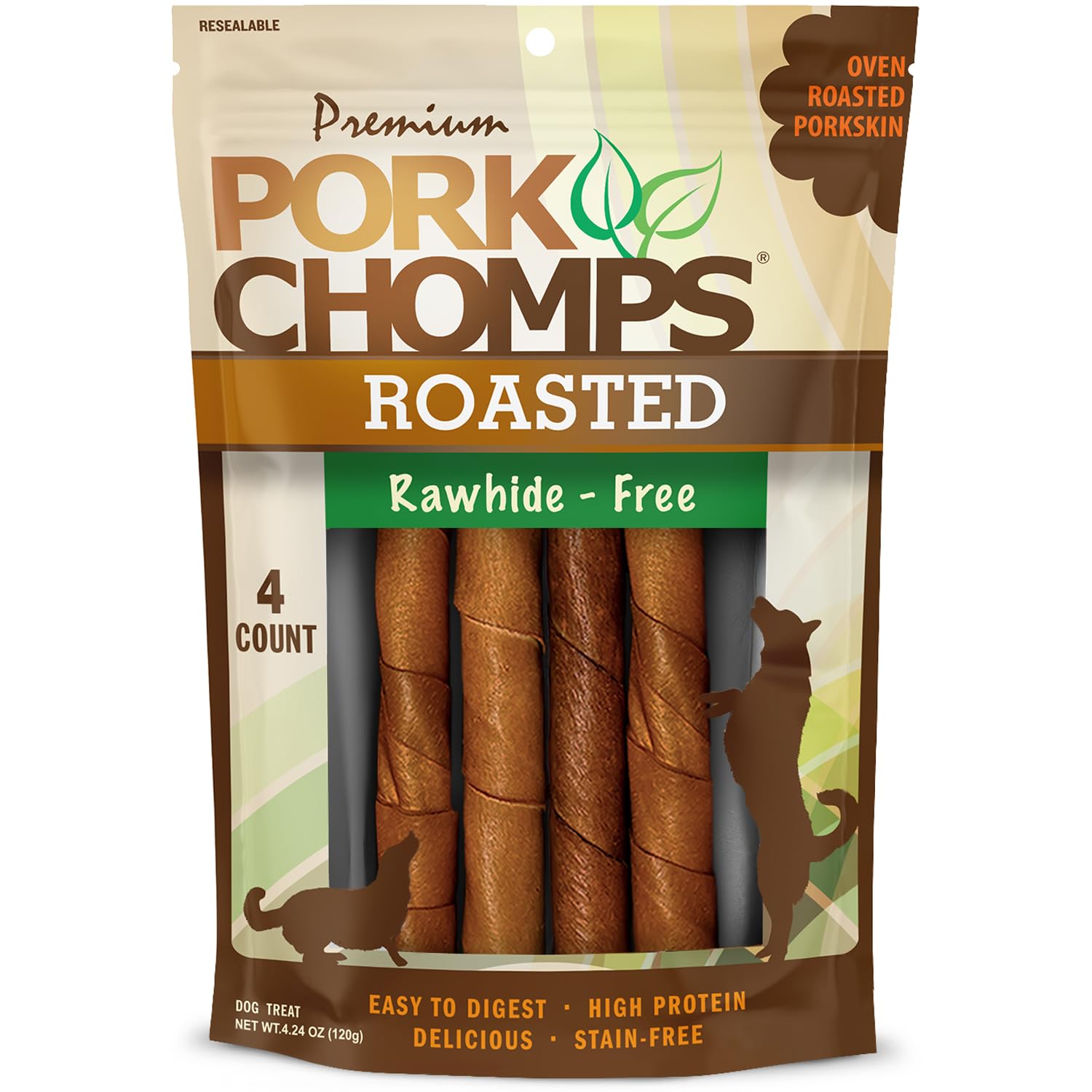 Pork Chomps Roasted Pork Skin Dog Chews, 6-inch Twists, 4 Count